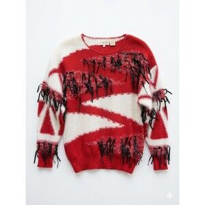 Vintage Cache Abstract Angora Lambswool Knit Sweater with Black Leather Fringe